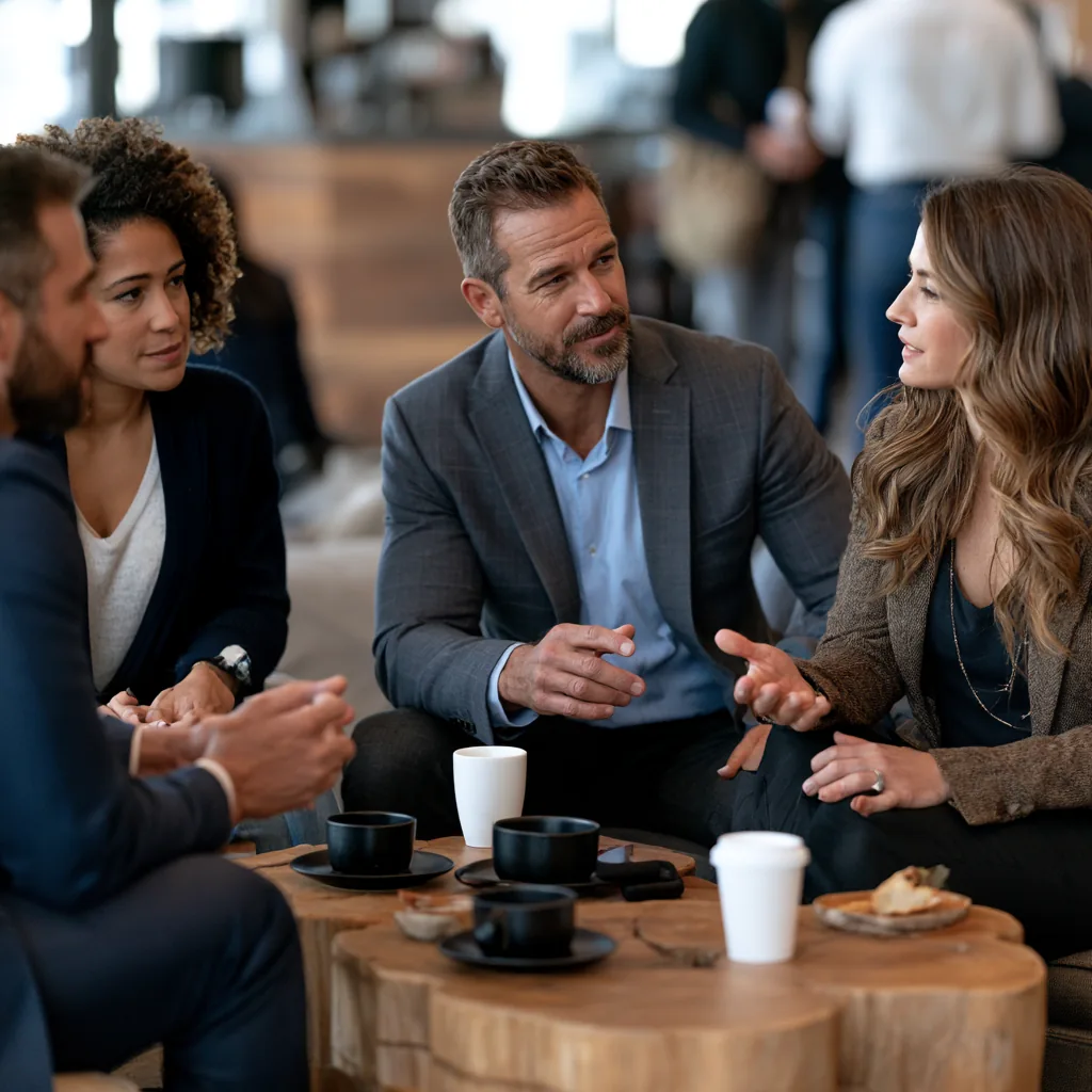 Local business professionals talking together at a networking meeting