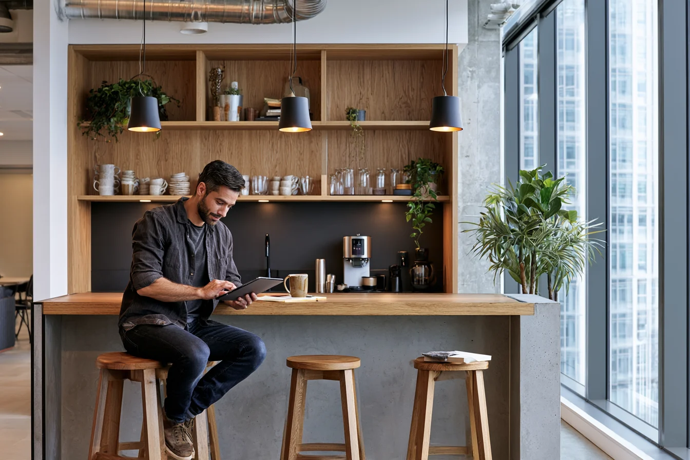 A man reading on an iPad while seated at a counter in a modern local business
