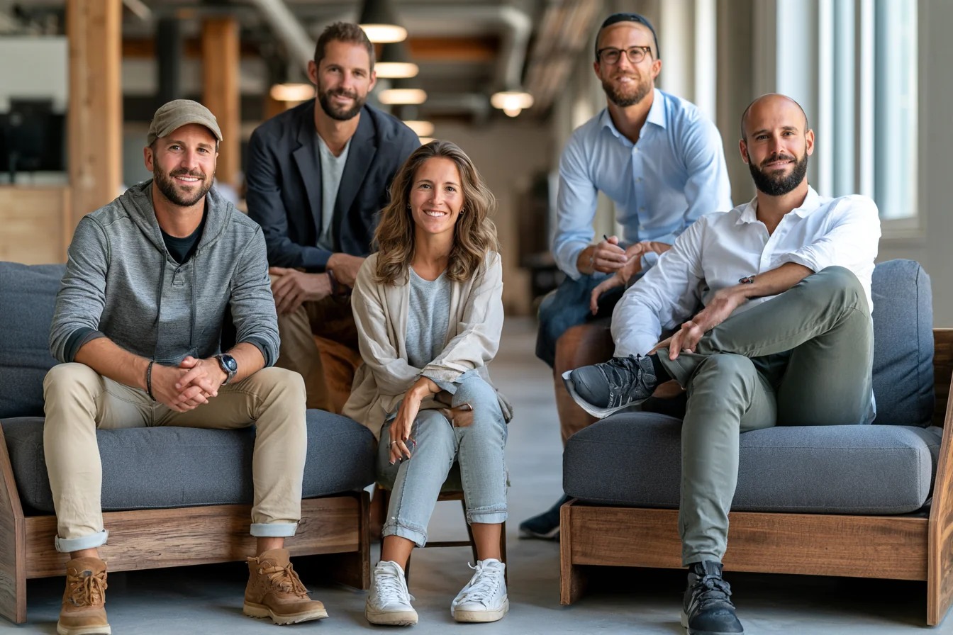 Five colleagues seated together on lounge chairs in a bright office.