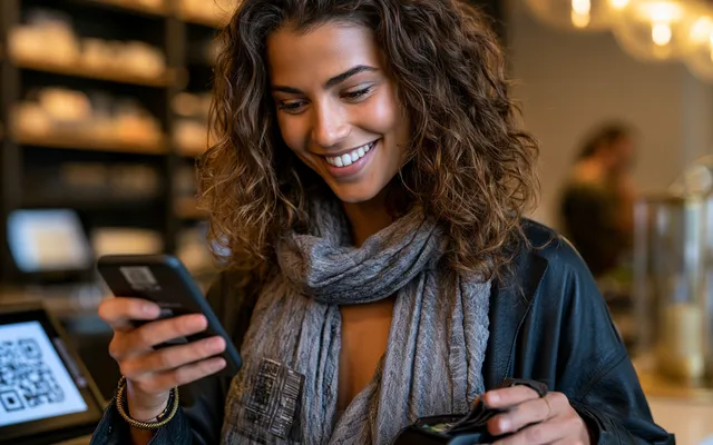 A smiling customer checking her phone at a shop counter with a QR code display