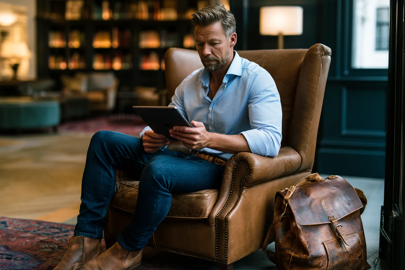 A business owner reviewing their online presence on a tablet
